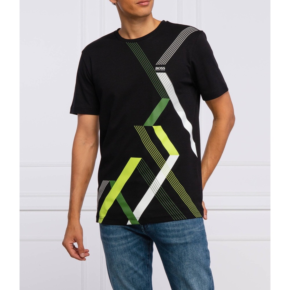 Hugo Boss Mens Luxury Cotton Graphic T-Shirt Black Green Geometric Size M